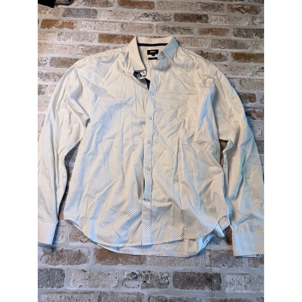 Max Mens XL Slim Fit Button Down Shirt White Navy Blue‎ Micro Polka Dot Cotton
